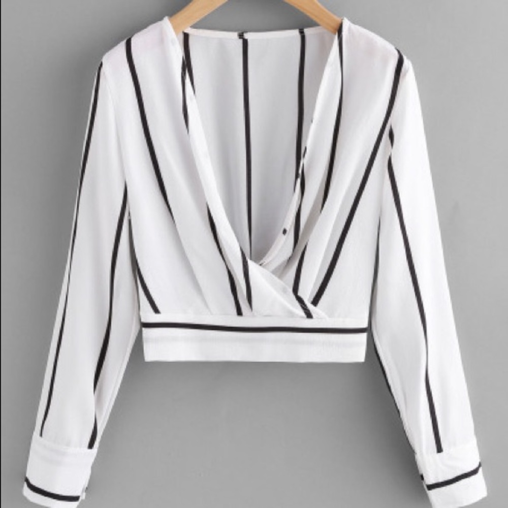 V Neckline Striped Surplice Crop Top